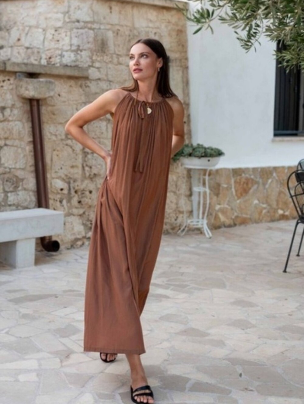 Mersea Brown Tie Neck Maxi Patio Dress - O/S